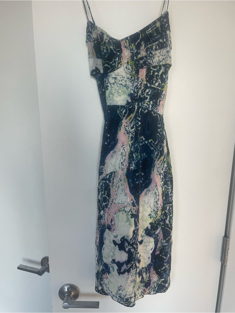 Brian Reyes Abstract Marble Print Pleated Corset Criss Cross Silk Slip Dress - Picture 4 of 7